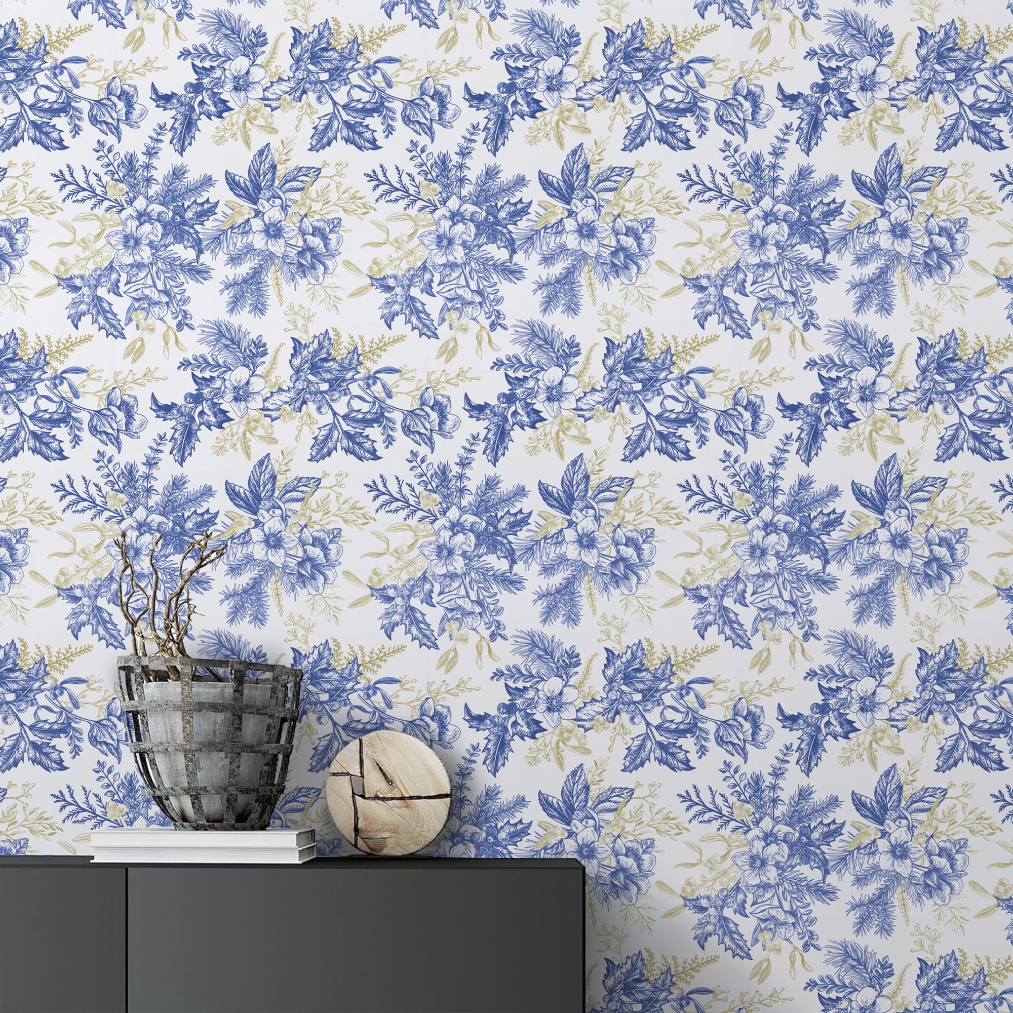 (3 pack) Abyssaly Blue Floral Wallpaper Peel and Stick Wallpaper 17.3"×118" Self Adhesive Removable Wallpaper Vintage Flower Vinyl Wall Paper