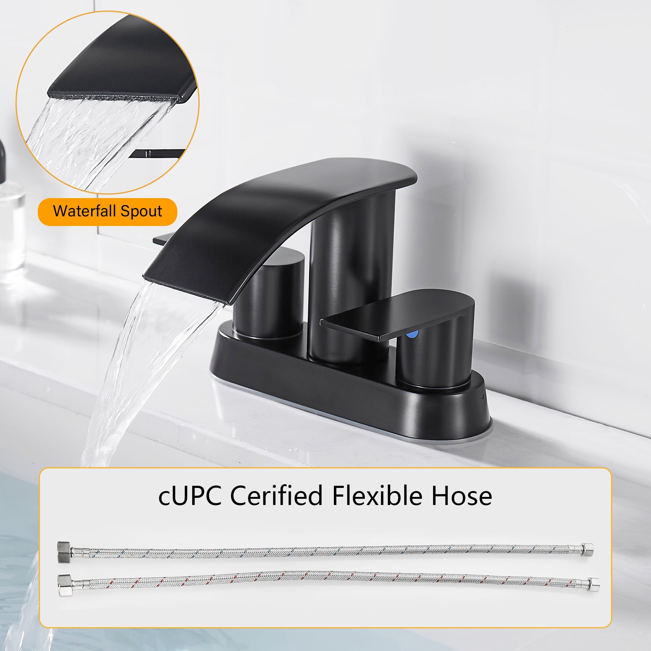 Kede Waterfall Bathroom Faucet Lavatory 2 Handle 3 Hole 4 Inch Bathroom Sink Faucet Washbasin Faucet with Deck and Pop-up Drain Black Centerset Bathroom Faucet