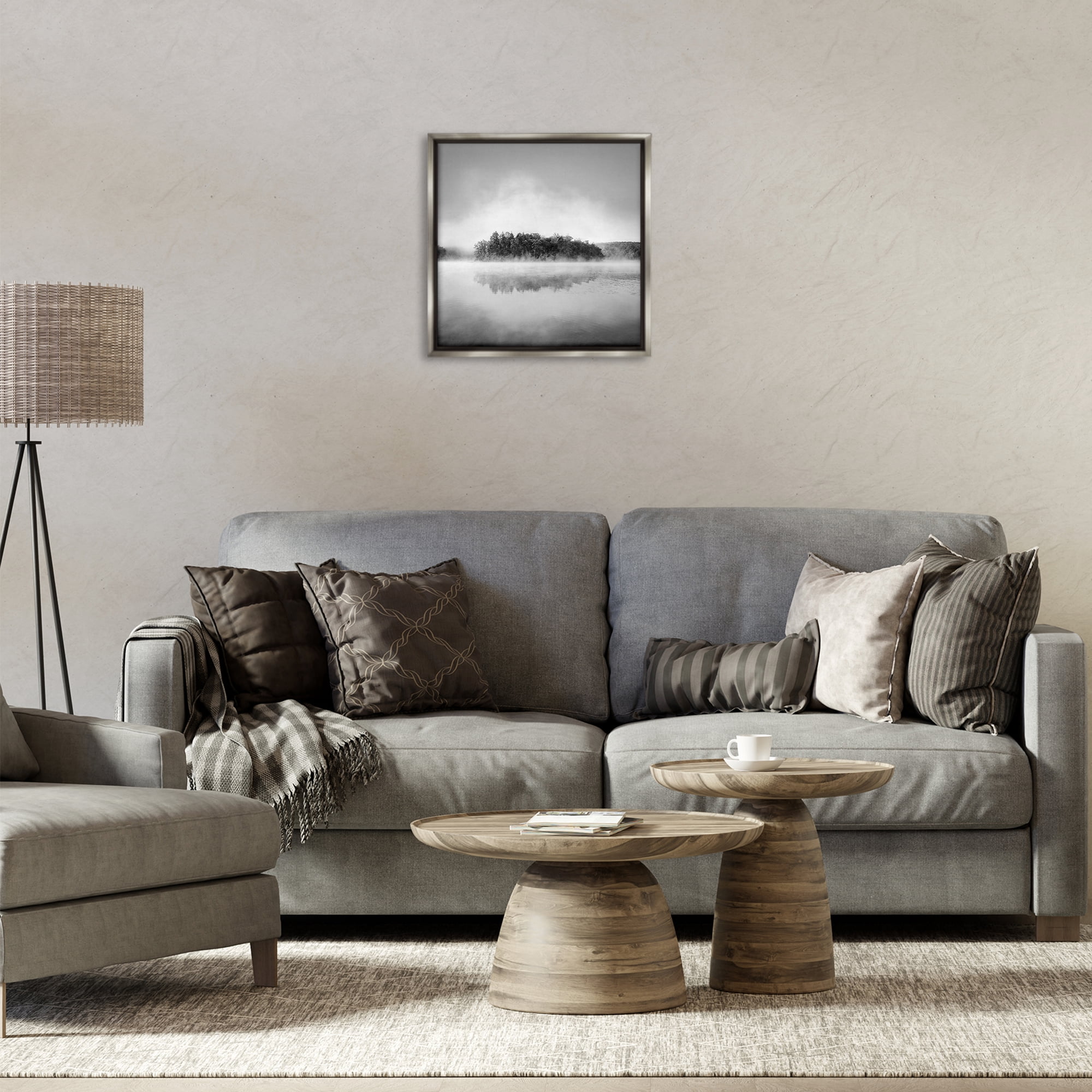 Stupell Industries Lake with Distant Island Landscape & Nature Photography Gray Floater Framed Canvas Art Print Wall Art, 18 x 18