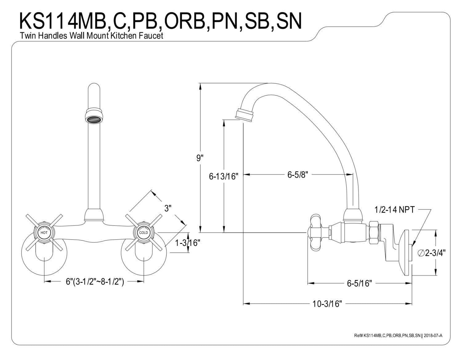 Kingston Brass KS114MB Essex Two Handle Wall Mount Kitchen Faucet, Matte Black