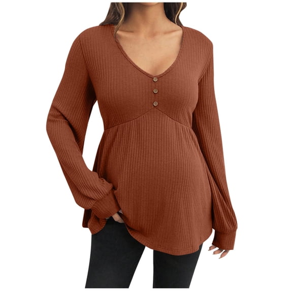 Women's Maternity Tops Pregnancy Shirts Long Sleeve Maternity Ribbed Sweaters Brown XL