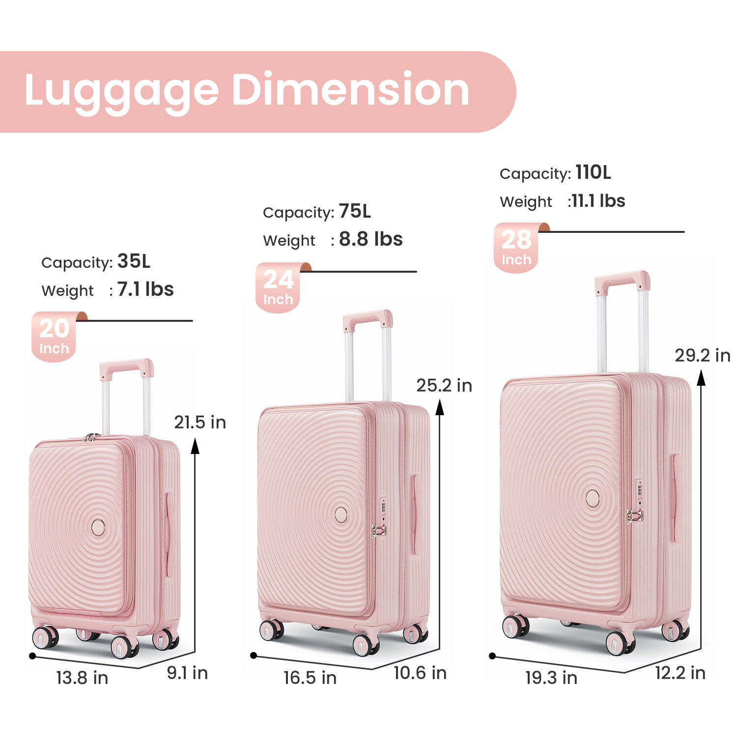 Hardside Luggage Luggage Sets 3 Piece(20/24/28), Expandable Carry On Luggage with TSA Lock Airline Approved, PC Hard Shell and Lightweight Suitcase with Front Pocket and Spinner Wheels,Hardside Suit