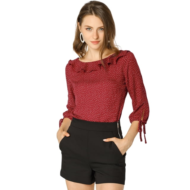 Blusa de lunares de verano Allegra K con cuello con volantes para mujer Vino rojo XS
