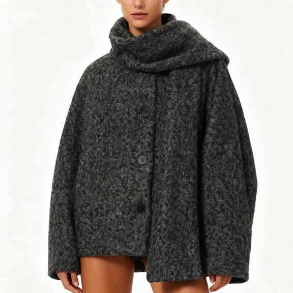 YueHuiYing Women's Beautiful Solid-color Button Cardigans Chunky Knit Long Sleeve Slouchy Sweaters Coat with Scarf