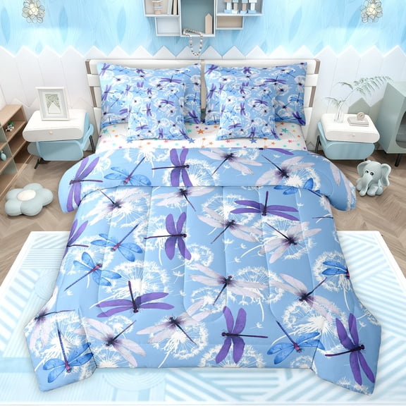 Homewish Flying Dragonflies Twin Bedding Sets 7-Piece for Boys Girls,Chic Floral Dandelion Bedding Comforter Set Microfiber,Mother'S Day Gifts Breathable Sheet Sets,Microfiber Bedroom Decor