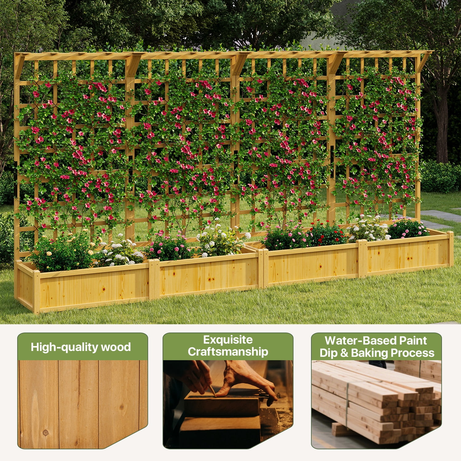 BaPiPro Yellow-Brown Tall Wood Planter Box with Trellis - 72" Raised Garden Bed with Hanging Roof, Outdoor Elevated Planter for Climbing Plants, Flowers - 2-Pack for Patio, Balcony