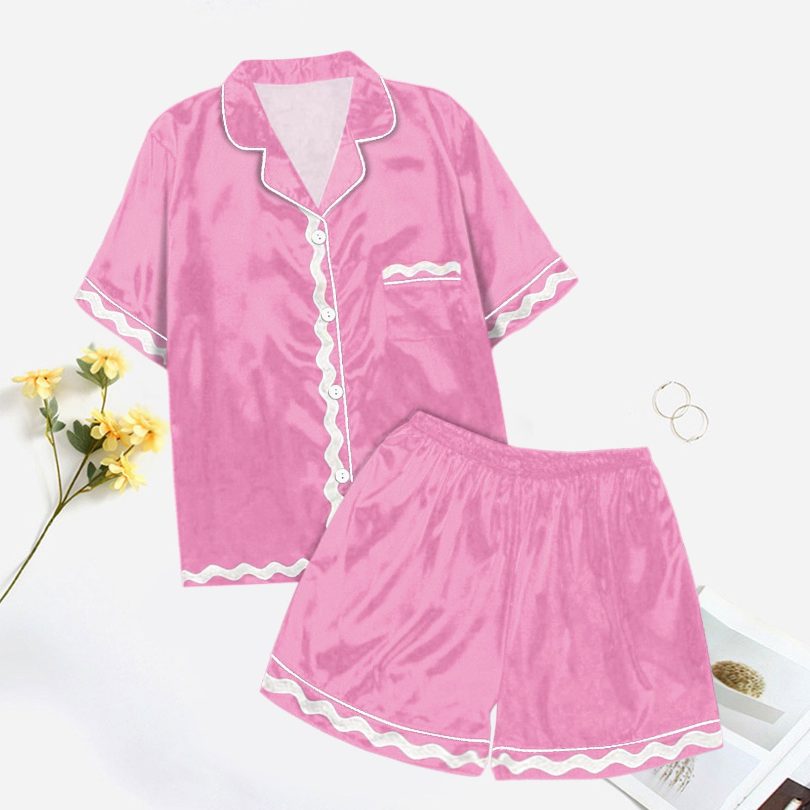 Womens Pajamas Pajamas for Elderly Women Women s Casual 2 Piece Outfits Summer Button Down Shirts Tops and Shorts Pajama Sets Adult Female Clothes Pink Size L Walmart