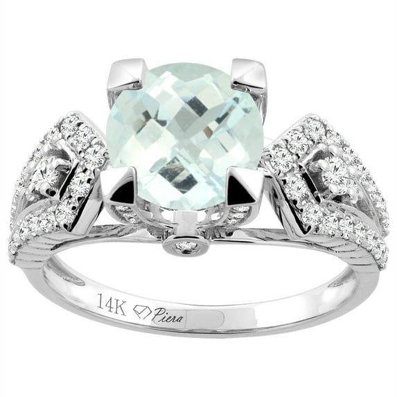 14K White Gold Natural Aquamarine Ring Round 7 mm Diamond Accents, size 10