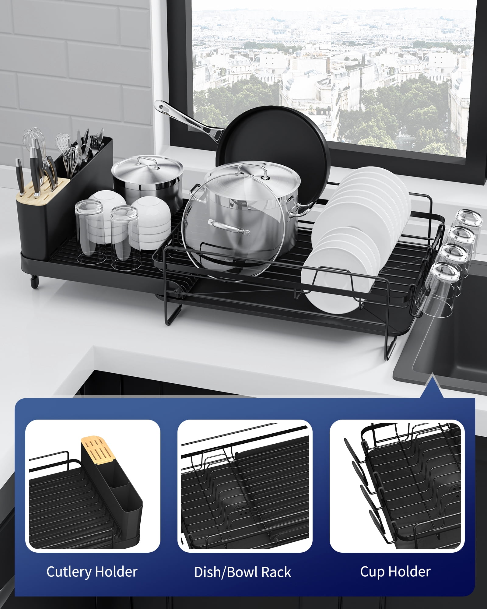 Sakugi Dish Drying Rack, Extendable Dish Drainer, Anti-Rust Dish Rack for Kitchen Counter, 26.2" x 12.9" x 7.2", Black
