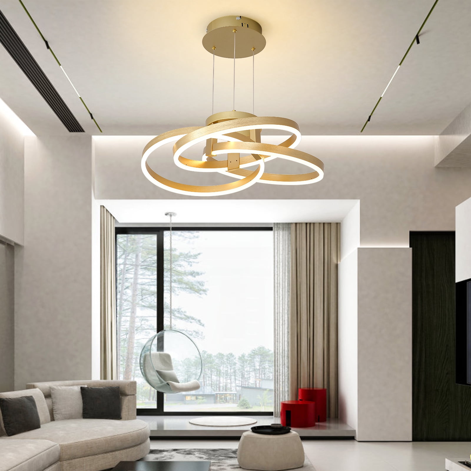 Modern 3-Ring Wave Dimmable Kitchen Island LED Chandelier Light with Remote Control,Height Adjustable Pendant Light Hanging Ceiling Light Fixture Gold/Silver