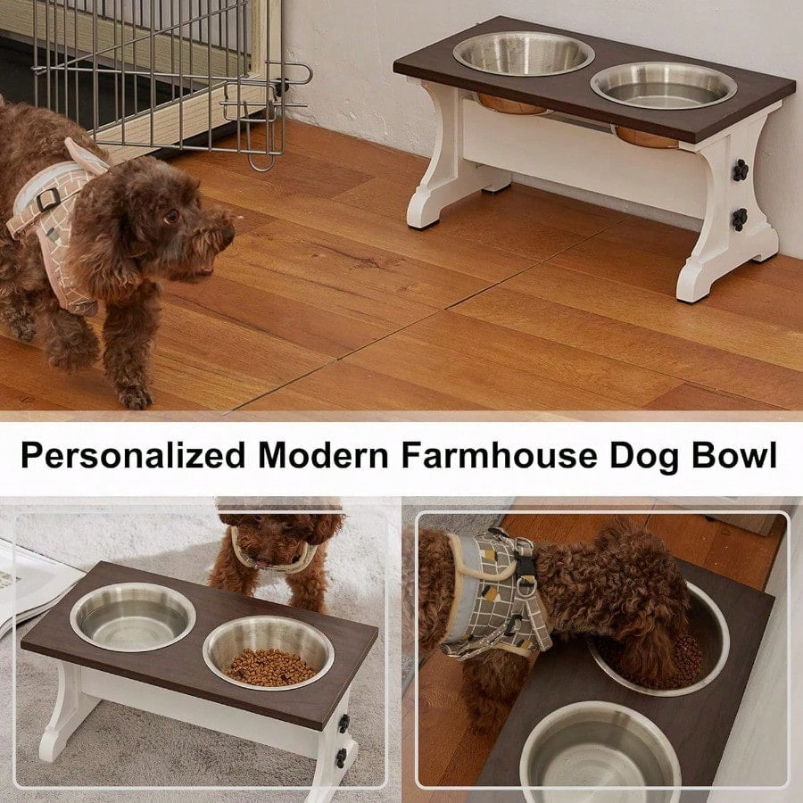 Elevated Dog BowlsFarmhouse Dog Bowls Stand Raised Dog Bowl with 2 Stainl Steel Wooden Dog Bowl 3.5Cups8.5''H_30 oz BowlFarmhouse Style