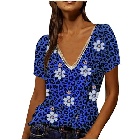 

Ziloco Short Sleeve V-Neck Blouses & Shirts Tankini Tops for Women Women Casual Short Sleeve Leopard Printing V-Neck T-Shirt Blouse Tops Black Corset Top