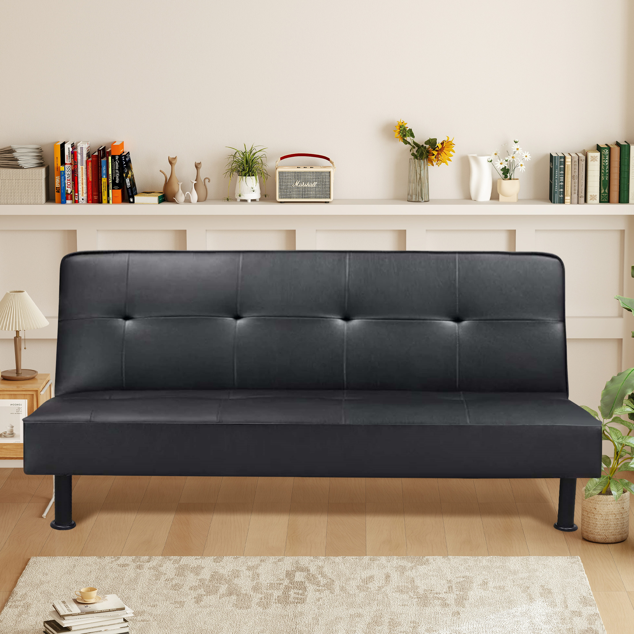 Aukfa Modern Futon Convertible Sofa Bed for Home Office, Tufted Back, Leather, Black