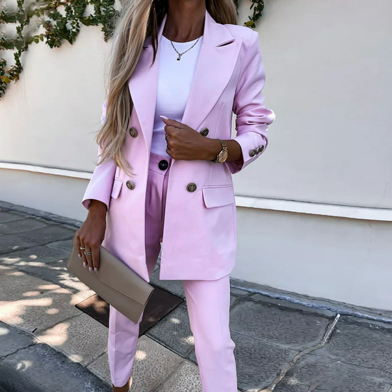 Olyvenn Trendy Slim Blazers Two-Piece Suit Elegant for Women Work Office Lightweight Lapel Collar Womens Suit Button Open Front Casual Long Sleeve