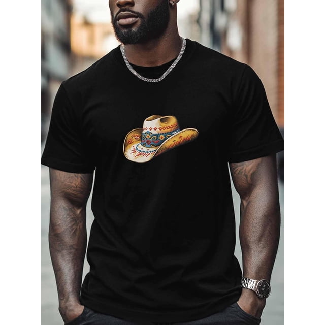 Mens T-Shirts,Cowboy Hat Ethnic Short Sleeve T Shirts for Men Crew Neck Tees,Loose Fit Casual Men's T-Shirts for Teens Boys