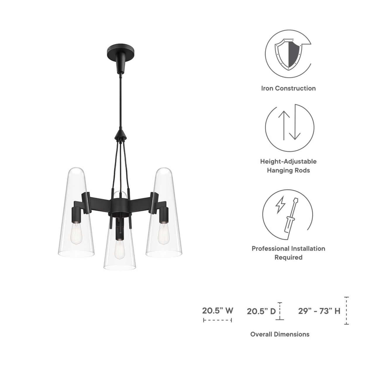 Modway Beacon 3-Light Metal and Glass Pendant Light in Clear/Black