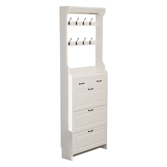 M optimized Modern Shoe Cabinet with 8 Hook, 3 Flip Doors, 2 Drawers Freestanding Shoe Cabinet for Entryway Narrow, 31.5 x 9.25 x 86.62 in