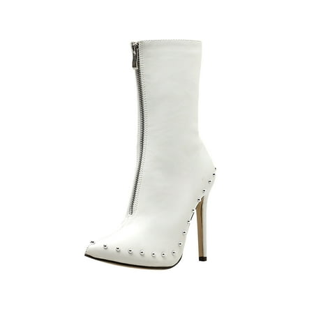 

Boots Clearance Hvyes Women s Punk Front Zipper Metal Embellished Leather Mid Tube High Heeled Rider Boots
