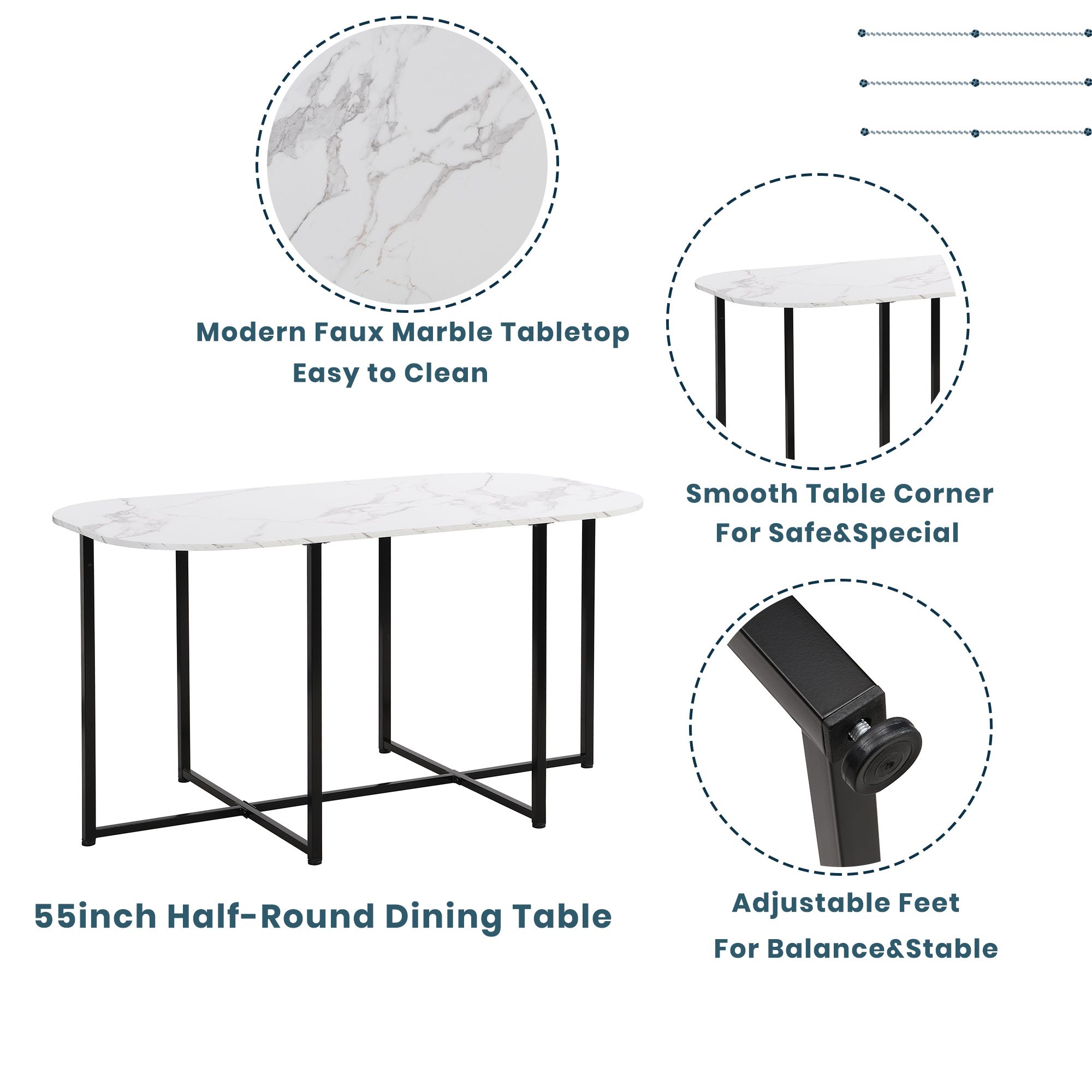 Aukfa 7 Piece Dining Table Set for 6, 55" Faux Marble Dinning Room Table with 6 Chairs, Metal Frame, Black