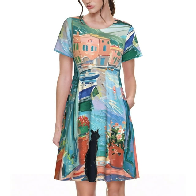 Saiise Robe d'Été Motif Chat Côtier par la Fenêtre pour Femmes T-Shirt Décontracté Manches Courtes Robe de Plage Florale avec Poches