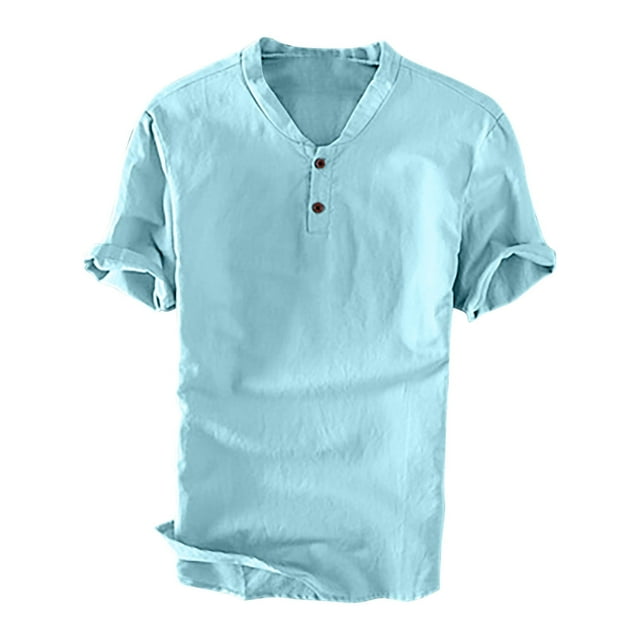 Chemises pour Hommes en Lin, Chemise Décontractée à Manches Courtes en Coton et Lin, Col Pliable, Blouse Col Rabattu