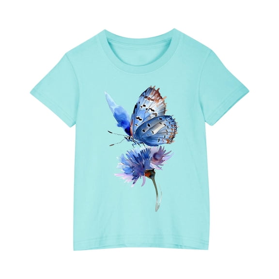 AJTQTH Cute Butterfly Print Tshirts for Kids Boys Girls Summer Cotton Relaxed Fit Outfits Clothes Short Sleeve Tees Round Neck Tops Shirts Blouses Blue 3 Years