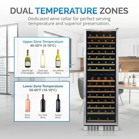 NewAir - 160-Bottle Dual Zone Built-in Wine Fridge with Beech Wood Shelves and Quiet Operation - Stainless Steel