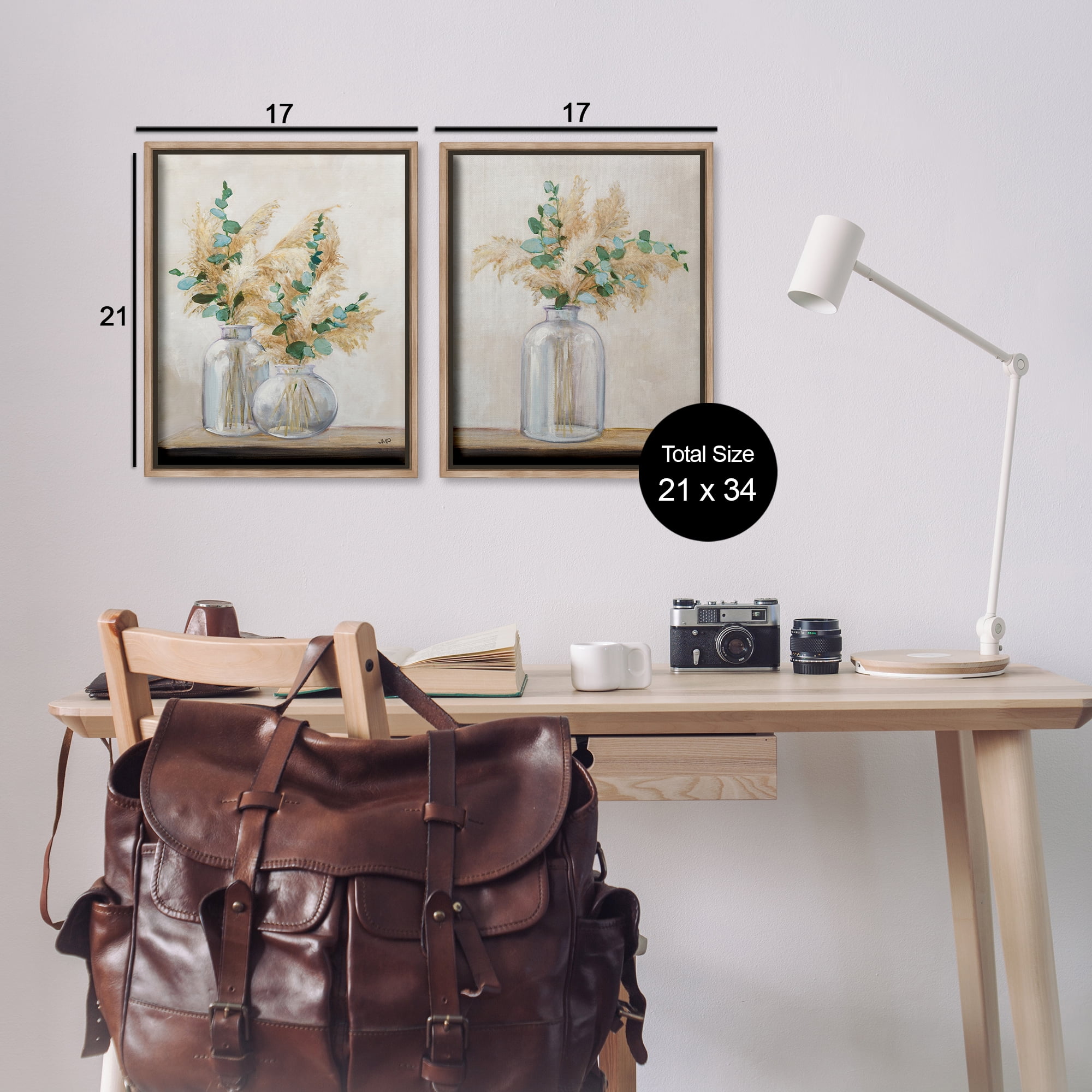 Stupell Industries Pampas Eucalyptus Bouquet Plants & Flowers Painting Brown Floater Framed Canvas Art Print Wall Art, 17 x 21, Set of 2