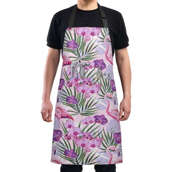 Flamingo with Phalaenopsis Kitchen Apron with 2 Pockets Adjustable waterproof Cooking Aprons for Women Men Chef