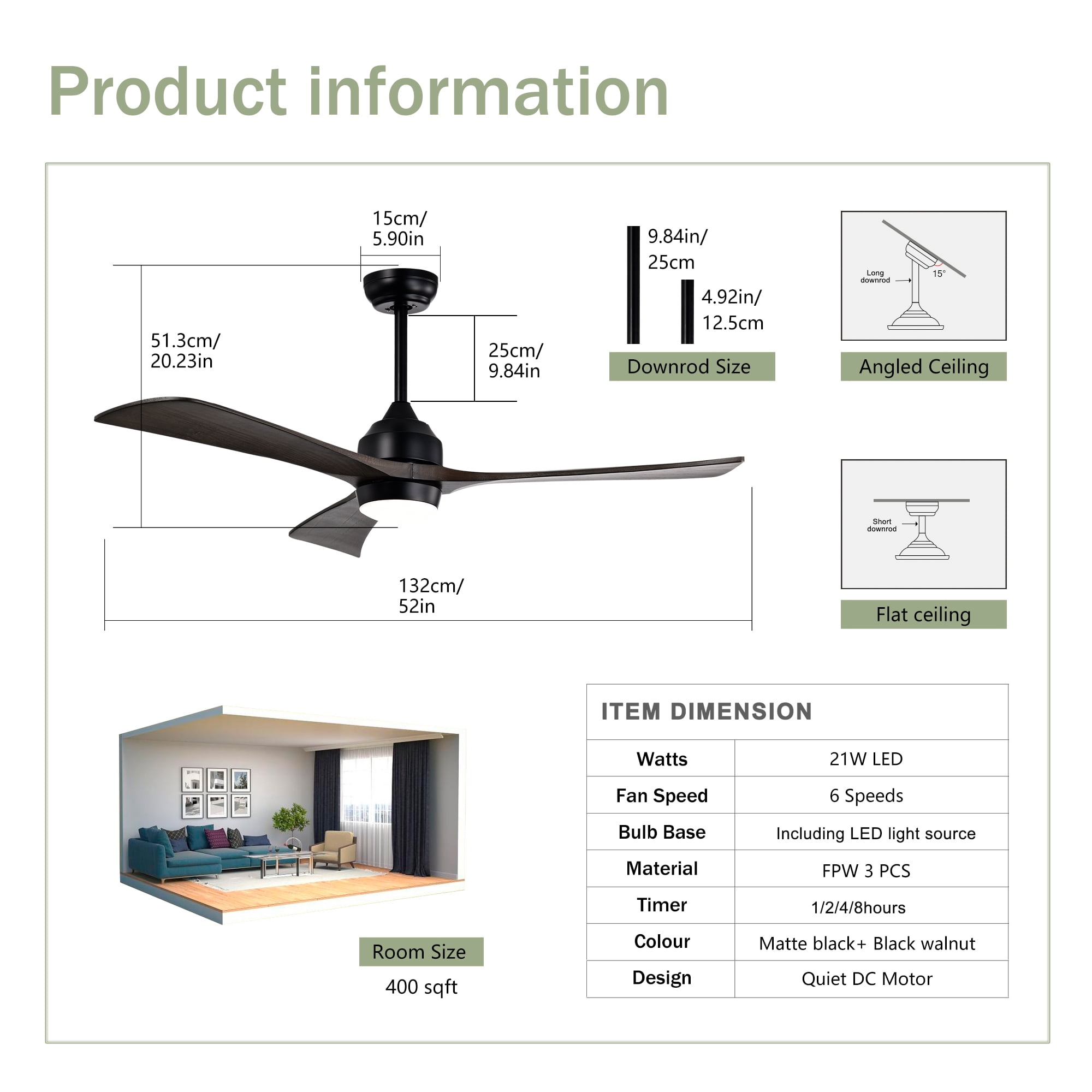 Leumius 52" Solid Wood Blades Ceiling Fan with Light and Remote Control,Quiet DC Motor 3 Blade Ceiling Fans 6 Speed Levels,Reversible for Patio Living Room Bedroom Office Black