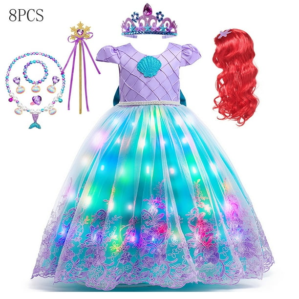 Vestido de baile de sirena de Disney para niña, disfraz de Ariel con luz LED, disfraz de princesa para fiesta de cumpleaños de lujo para niños