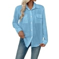 thumbnail image 3 of Zivyakyron Long Sleeve Women Shirts Fall Casual Office Cotton Linen Blouse Ladies Loose Solid Going Out Collared Tops Blue L, 3 of 10