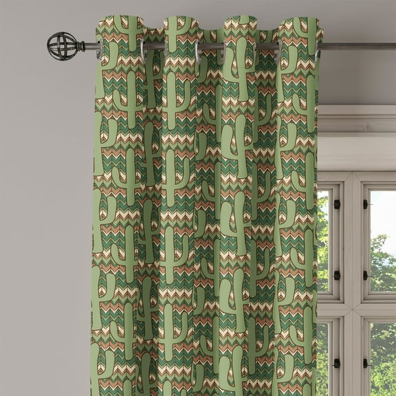 Ambesonne Cactus Grommet Curtain Single Panel, Cartoon Saguaro Zigzag, 50"x60", Green Pale Brown Beige