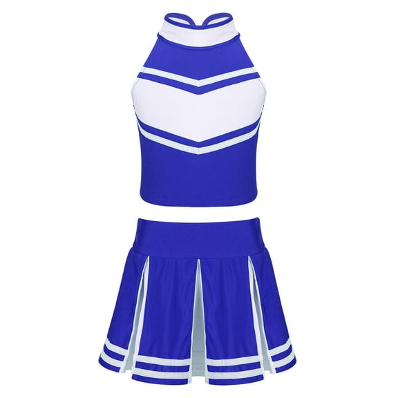 YONGHS Kids Girls Cheerleading Outfit Sleeveless Tops Pleated Skirt Set 6-16 Blue&White 6