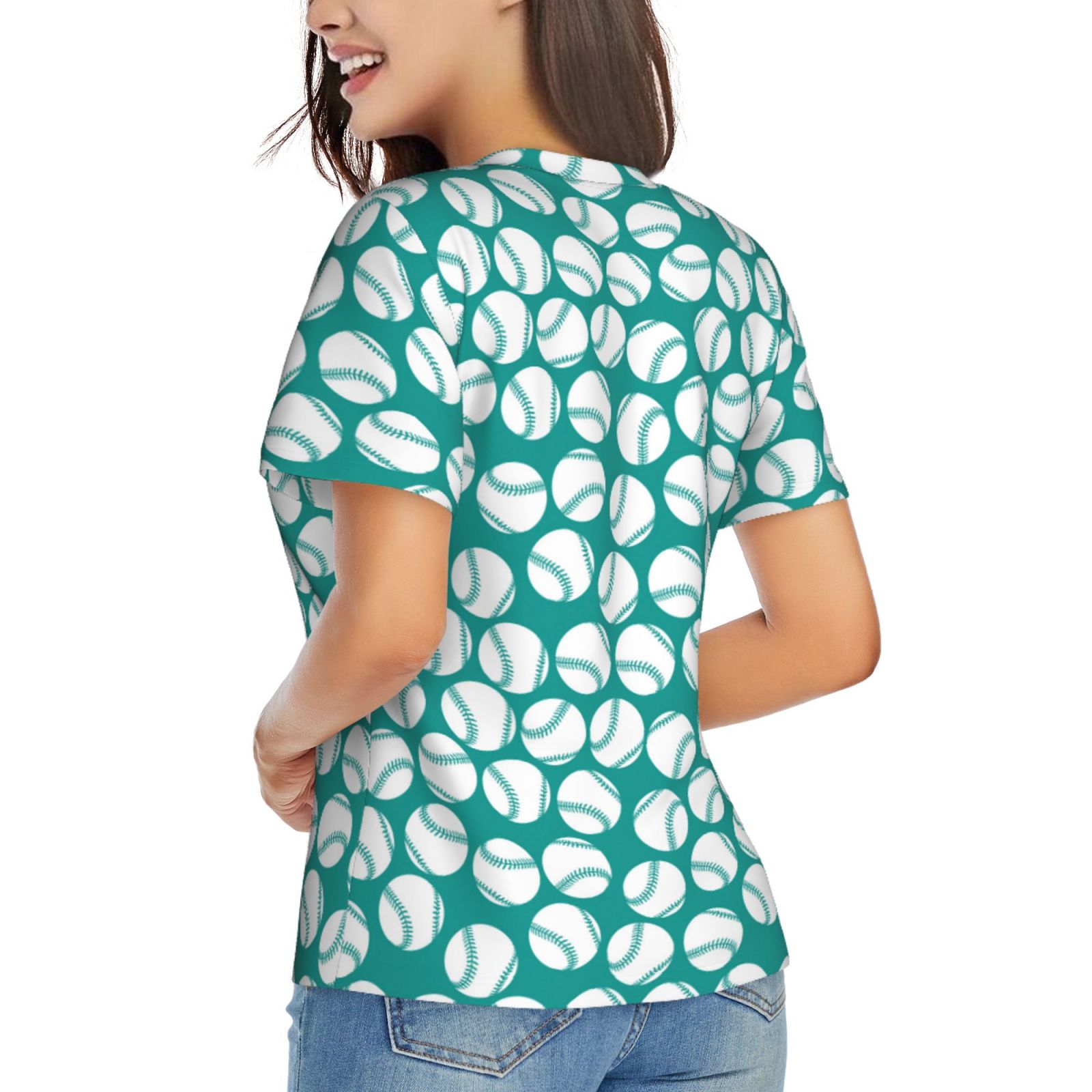 Vsdgher Green Baseball Women Shirts V Neck Short Sleeve Tops T-Shirt Basic Tees, S to 3XLX-Large