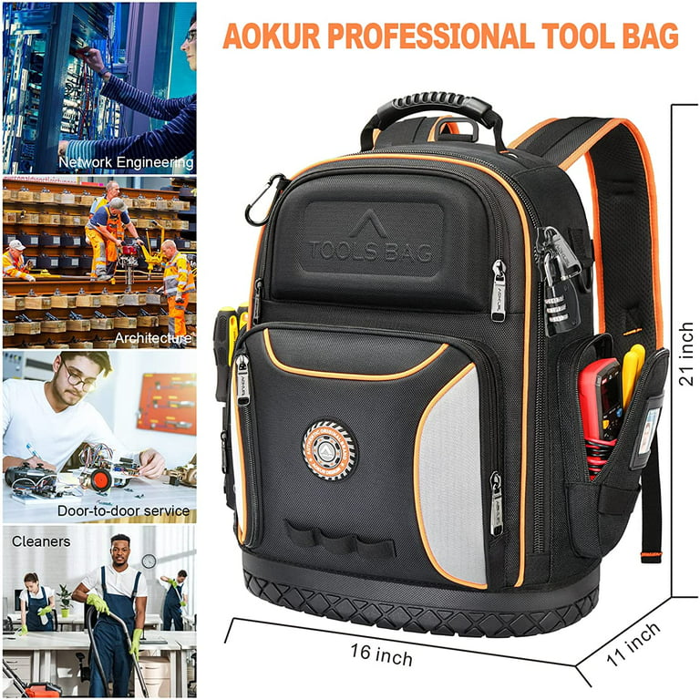 Aokur Tool Backpack for Men, Heavy Duty Tools Organizer Bags with 78  Pockets & Loops,HVAC Tool Backpack for Electrician/Construction Work with  Molded Base and Combination Lock 