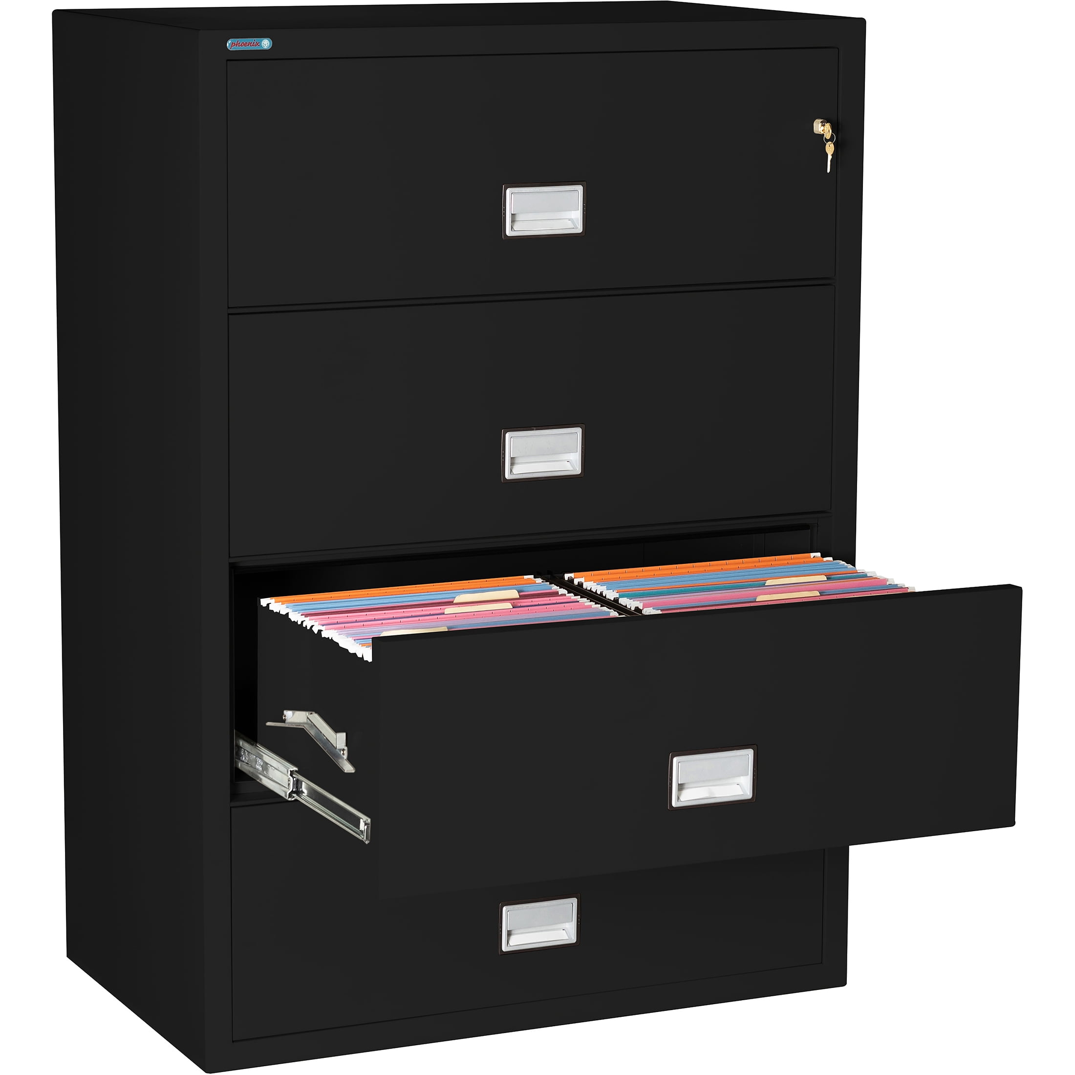 Phoenix Safe Lateral 38 inch 4-Drawer Fireproof File Cabinet with Key Lock, Water Seal, Black, LAT4W38B