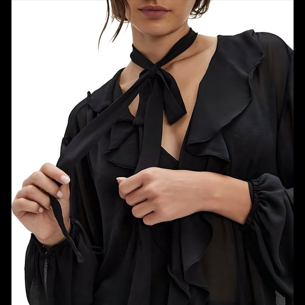 Cárdigan de Encaje con Volantes y Cuello en V para Mujer, Estilo Francés, con Bufanda, para y Verano Negro M