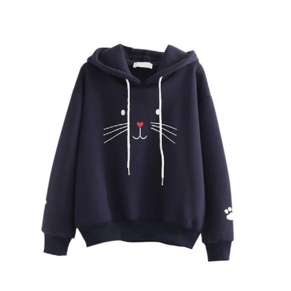 Brand Clearance! Women Plus Velvet Pullover Sweater Hoodie Cute Cat Print Long Sleeve Casual Warm Winter Autumn Loose Tops