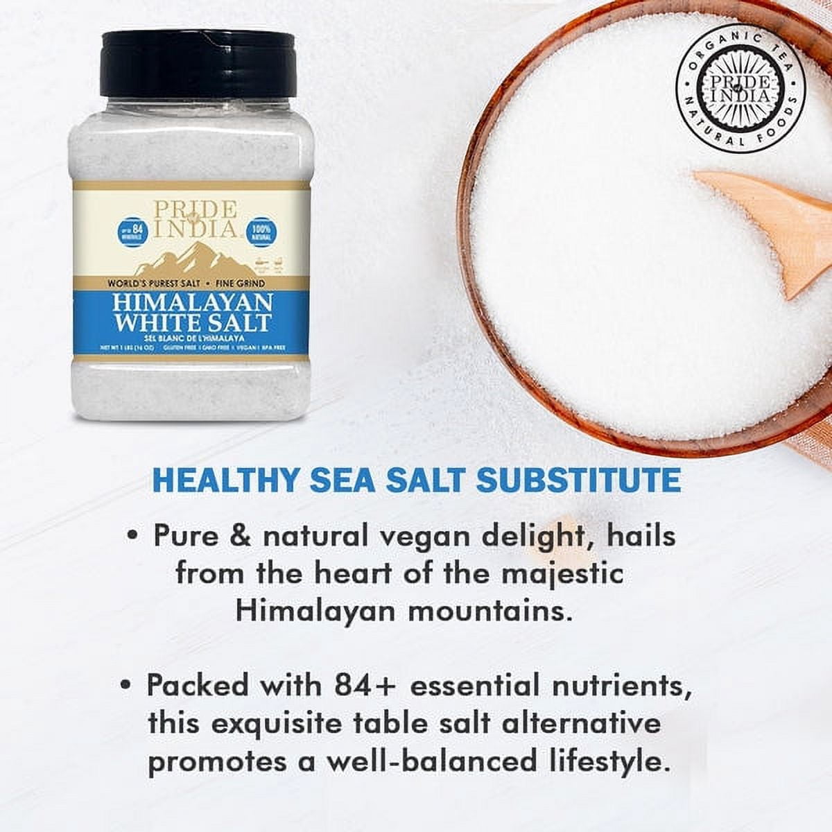 Pride of India - PACK of 6 - Himalayan White Salt Fine Grind 2.2 lbs (997.90 gm)- Rarest & Enriched W/84+ Natural Minerals- Low Sodium- Mineral Rich Nutrition and Enhanced Taste- Healthier Table Salt