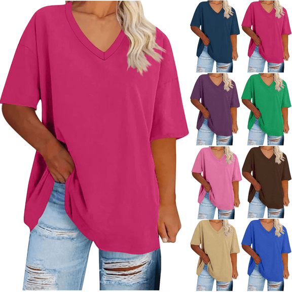Lunaseek Womens Plus Size V-Neck T-Shirts Summer Short Sleeve Shirts for Women Tunic Tops Blouse Shirts Size S-5XL