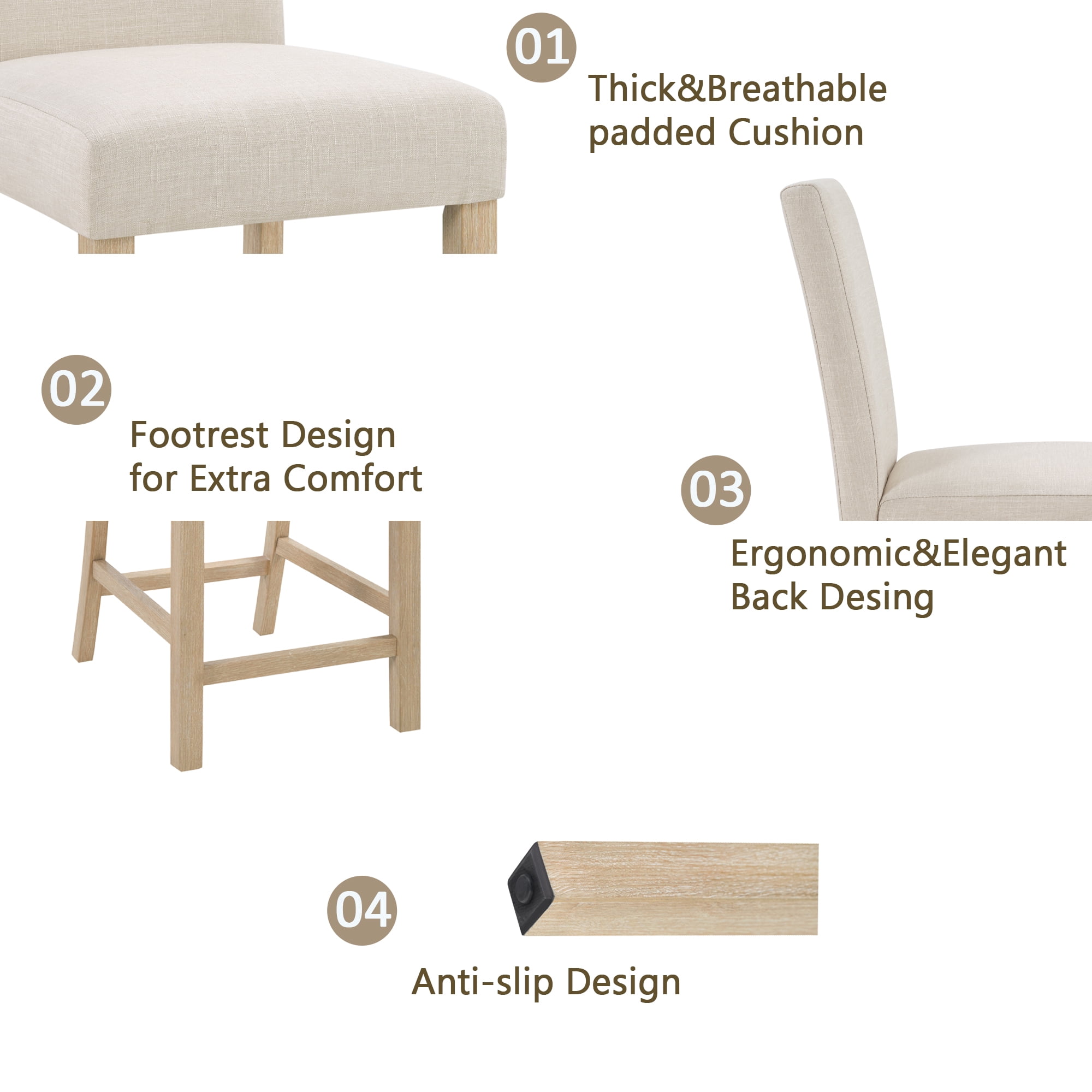 BSHTI 39" 5-Piece Rectangle Counter Height Table Set with Upholstered Chairs, Modern Space Saving Design for Dining Room（Light Oak）