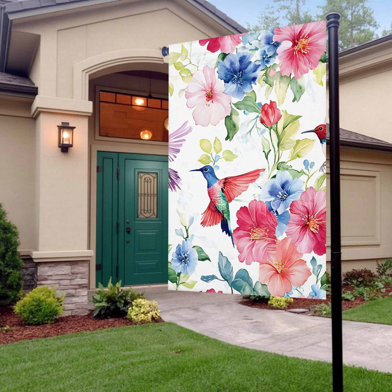 Garden Flag Double-Side Printed House Flag Hummingbird Yard Flag Watercolor Bird Flower Welcome Banner Decor Outdoor Holiday Decorations 28*40in