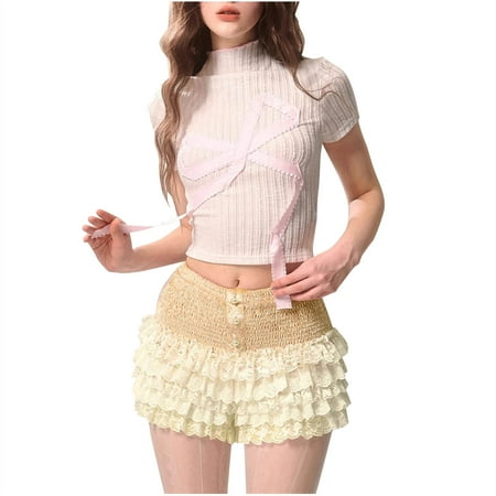 Besolor Womens Smocked Lace Bloomers Shorts Cute Elastic Waist Mini Shorts Ruffle Tiered Pajama Shorts Sleepwear