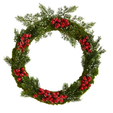 Nearly Natural 20in. Iced Pine and Berries Artificial Christmas Wreath, Green