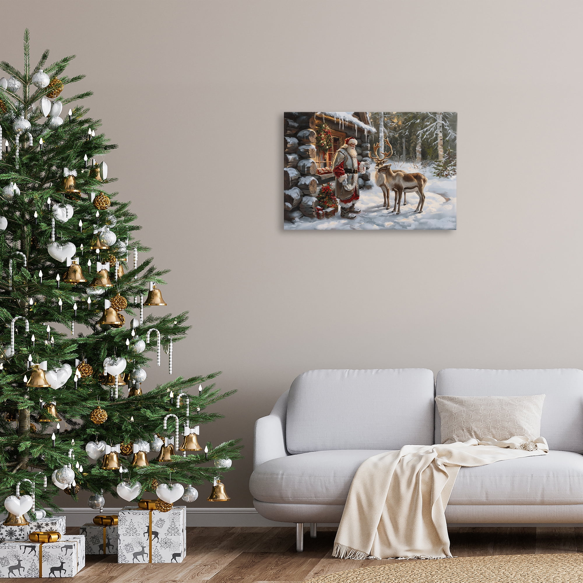 Stupell Industries Santa's Cabin with Reindeer Holiday Painting Gallery Wrapped Canvas Art Prints Wall Art, 30 x 20