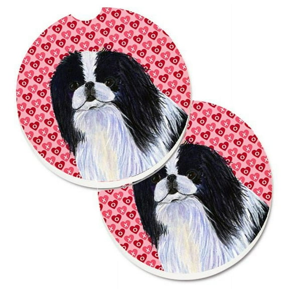 Japanese Chin Hearts Love & Valentines Day Portrait Set of 2 Cup Holder Car Coaster