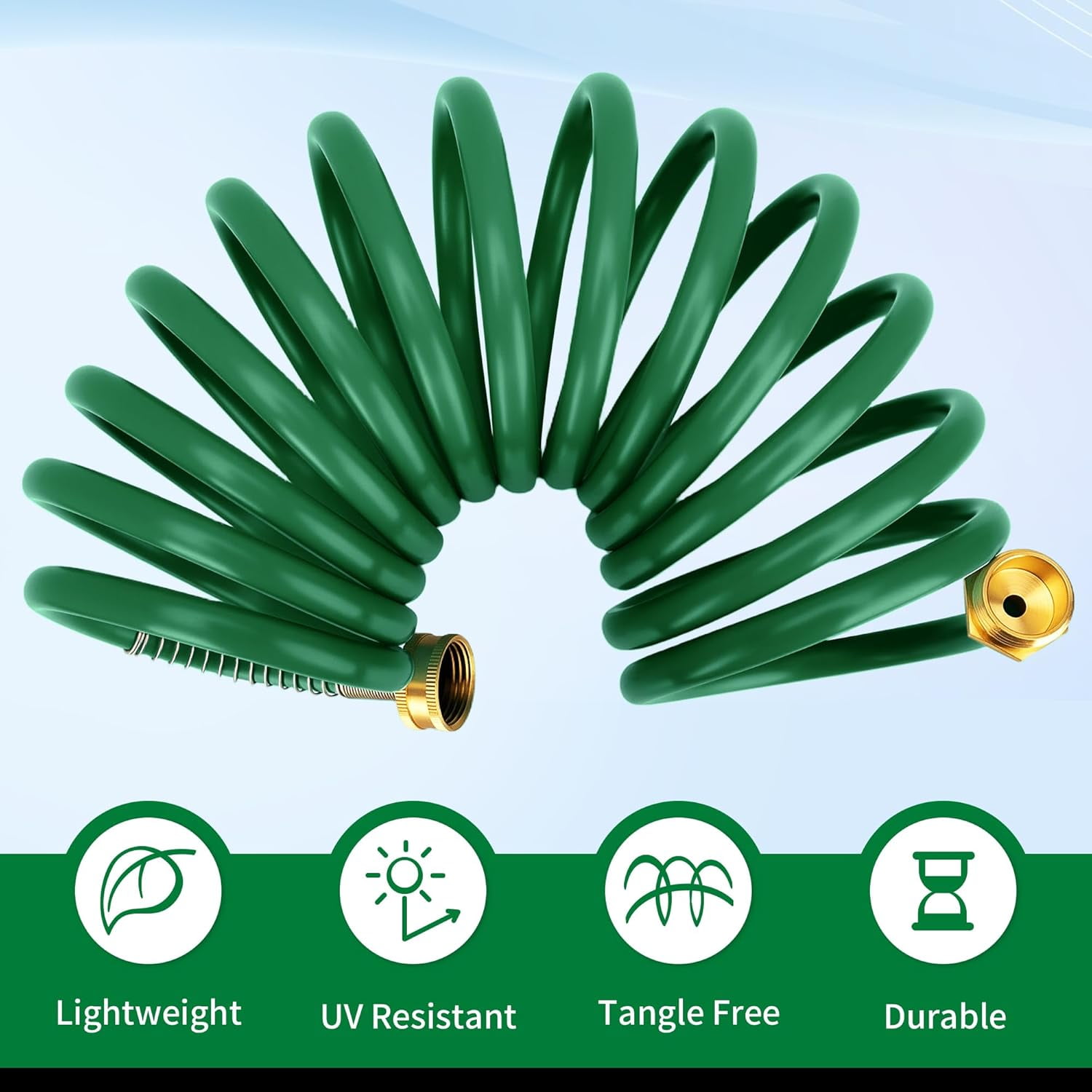 Coil Garden Hose 15 ft, EVA Curly Water Hose with Brass Connectors,  Garden Water Hose,Includes 7- Function Sprayer,Retractable, Resistant Garden Coil Hose.