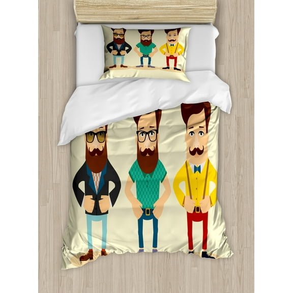 Geek Twin Size Duvet Cover Set, Hipster Fashion Themed Cartoon Image of Men Wearing Pullovers Jackets and Suspenders, Decorative 2 Piece Bedding Set with 1 Pillow Sham, Multicolor, by Ambesonne