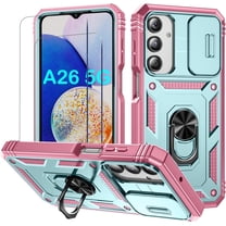 for Samsung A26 Case,With Slide Camera Cover,2X Screen Protector,Metal Kickstand Holder Heavy Duty Shockproof Phone Cover For Galaxy A26 6.7"(Green/Pink)